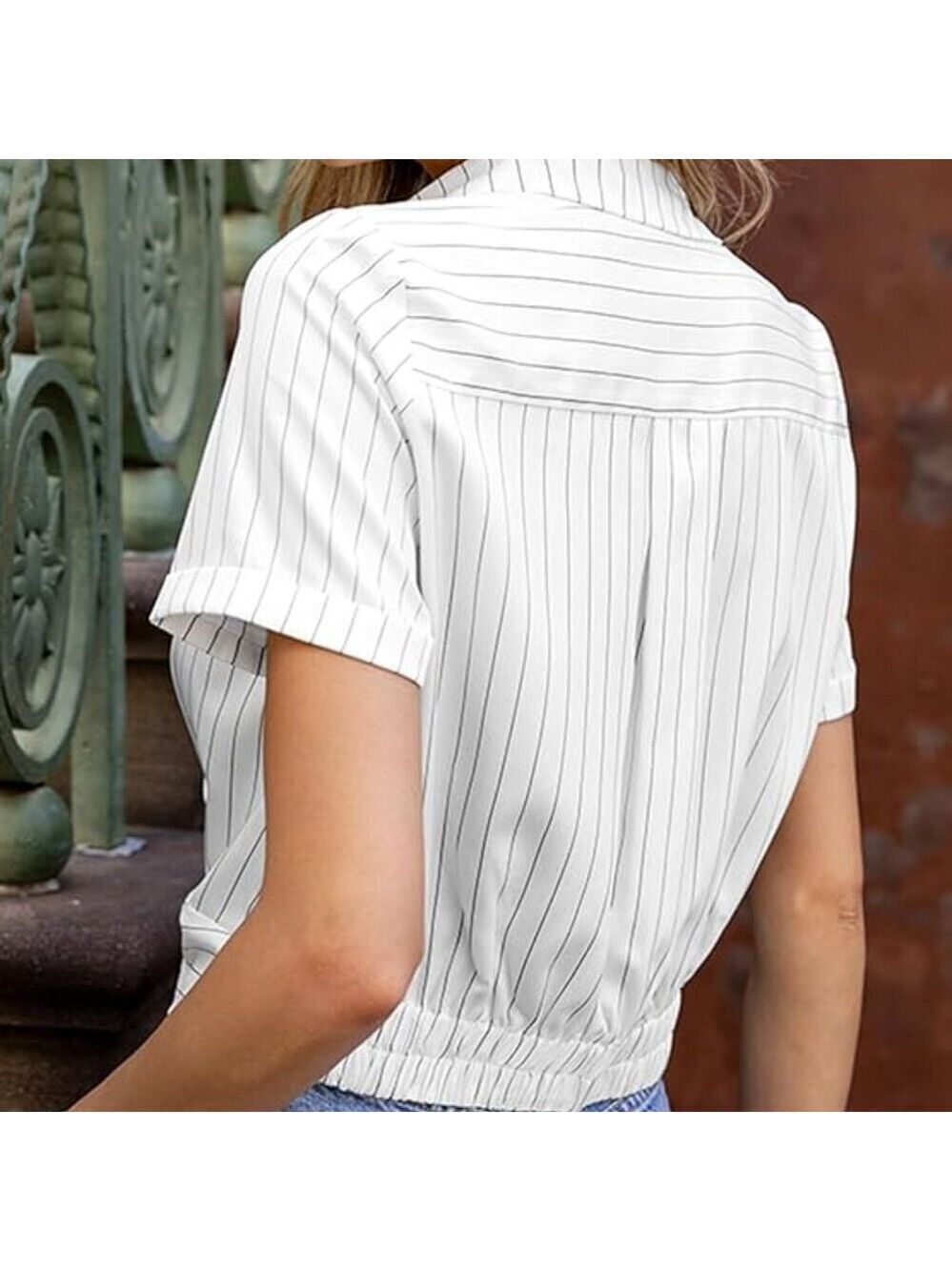 Cupshe White Pinstripe Short-Sleeve Twist-Front Shirt - Picture 2 of 8